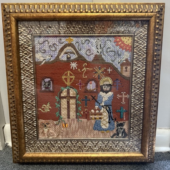 Vintage Other - VTG Crewel Religious Needlepoint Priest‎ Saint Cats Dogs Wall Art 17"x16" Church